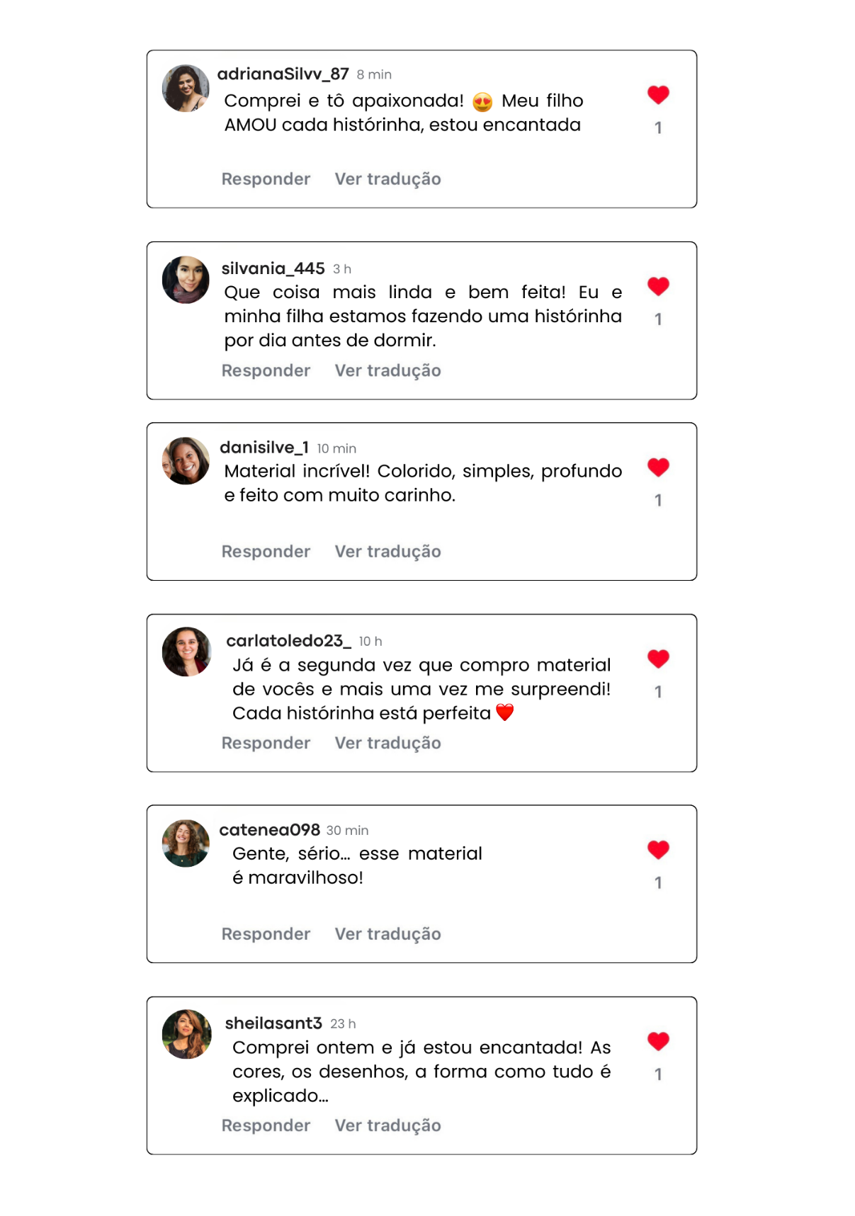Comentários reais de famílias no Instagram sobre o Tesourinhos da Palavra