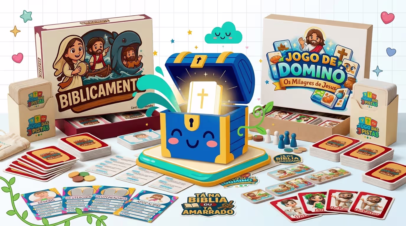 Família brincando com a Coleção de Jogos Bíblicos
